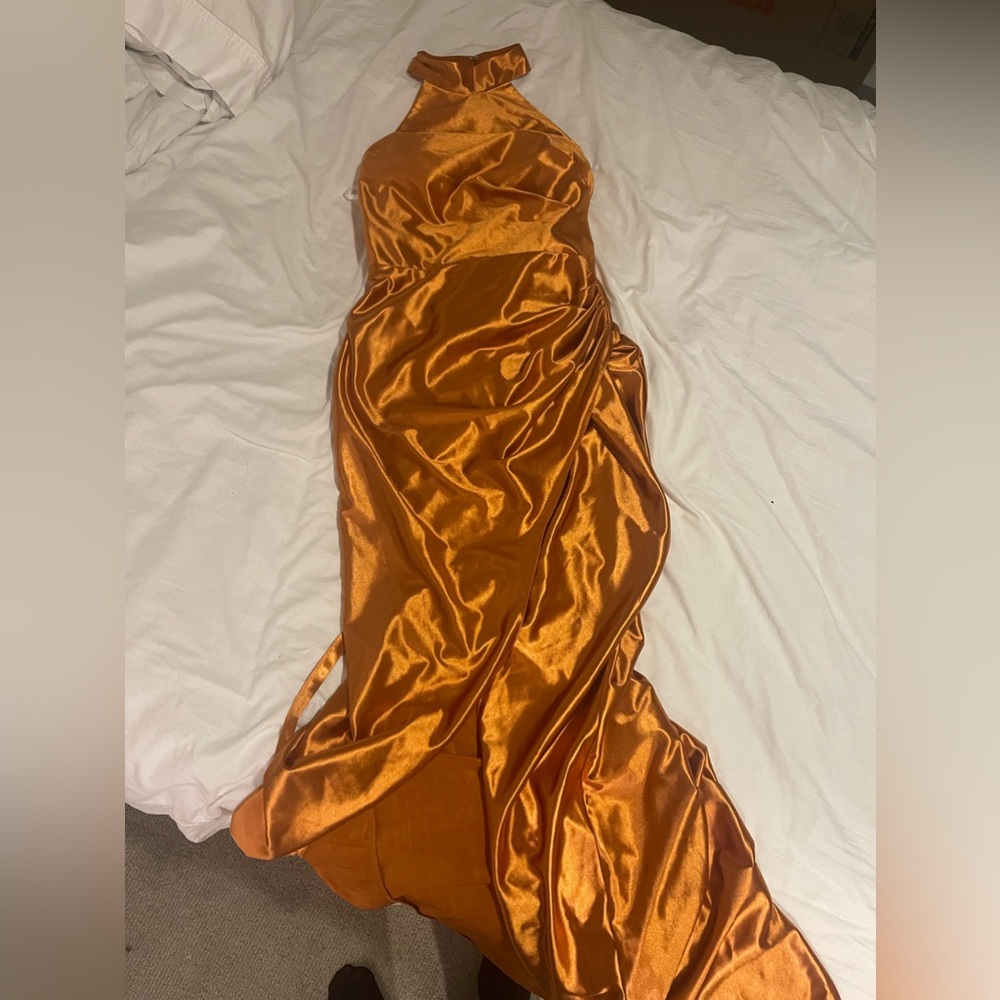 bronze floor length sleeveless dress